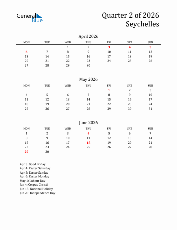 Quarter 2 2026 Seychelles Quarterly Calendar