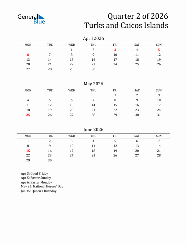 Quarter 2 2026 Turks and Caicos Islands Quarterly Calendar