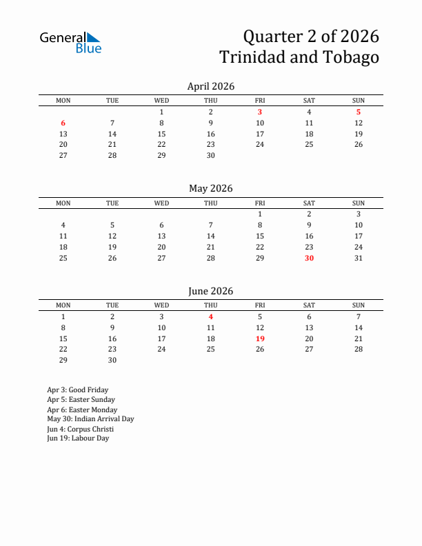 Quarter 2 2026 Trinidad and Tobago Quarterly Calendar