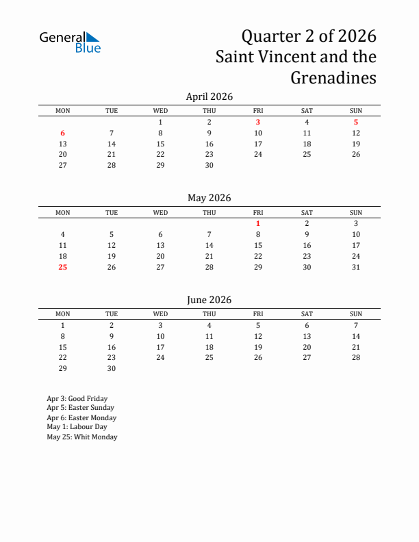 Quarter 2 2026 Saint Vincent and the Grenadines Quarterly Calendar