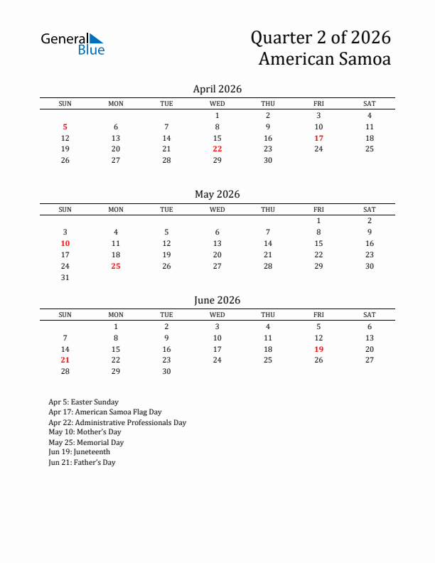 Quarter 2 2026 American Samoa Quarterly Calendar