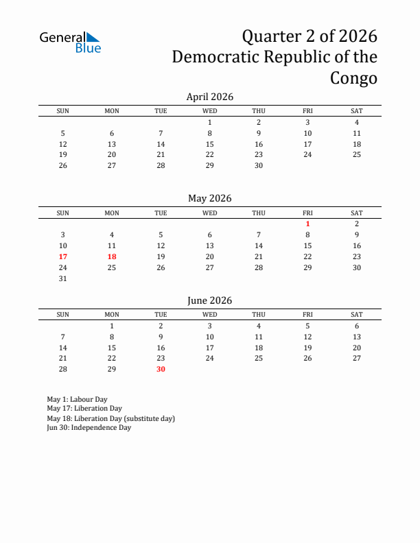 Quarter 2 2026 Democratic Republic of the Congo Quarterly Calendar