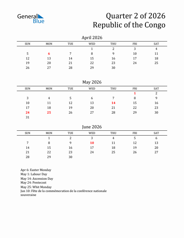 Quarter 2 2026 Republic of the Congo Quarterly Calendar