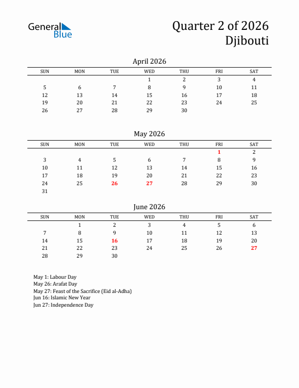 Quarter 2 2026 Djibouti Quarterly Calendar