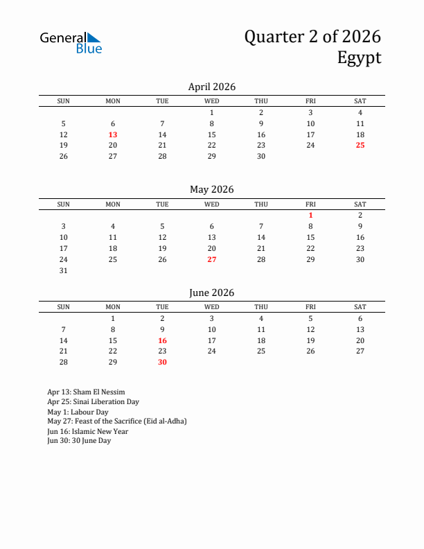 Quarter 2 2026 Egypt Quarterly Calendar