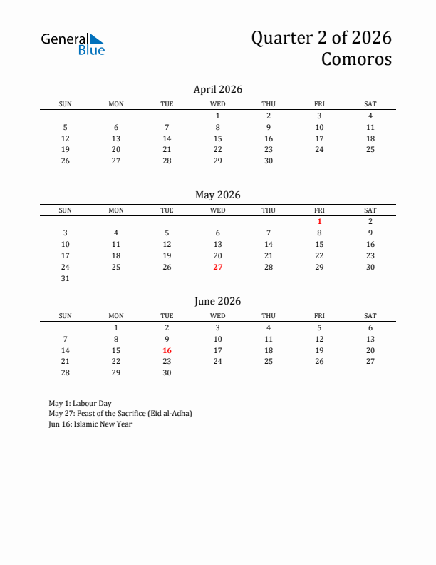 Quarter 2 2026 Comoros Quarterly Calendar