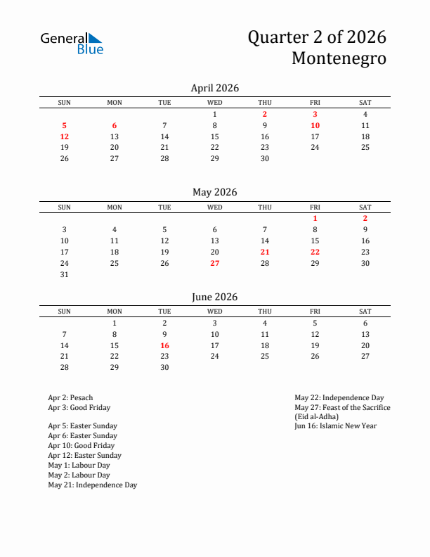 Quarter 2 2026 Montenegro Quarterly Calendar