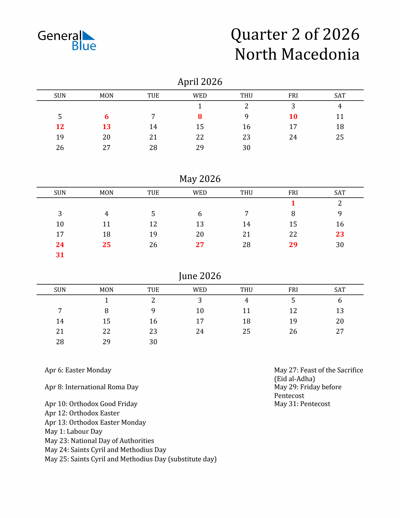 Quarter 2 2026 North Macedonia Quarterly Calendar