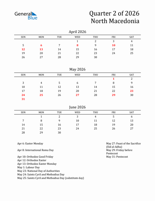 Quarter 2 2026 North Macedonia Quarterly Calendar