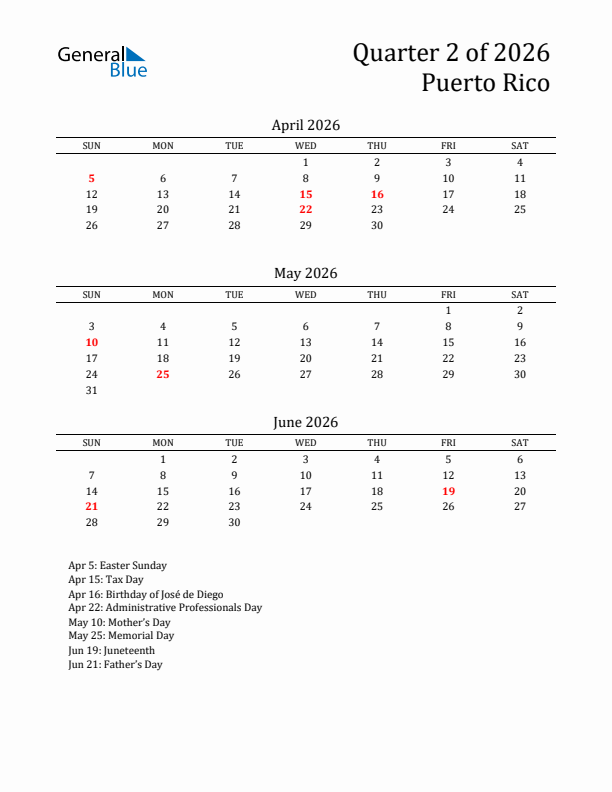 Quarter 2 2026 Puerto Rico Quarterly Calendar