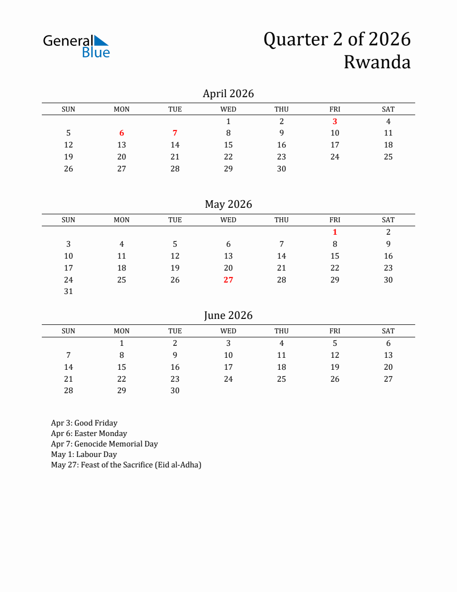 Calendar Rwanda Quarter 2 2026 Rwanda Calendar