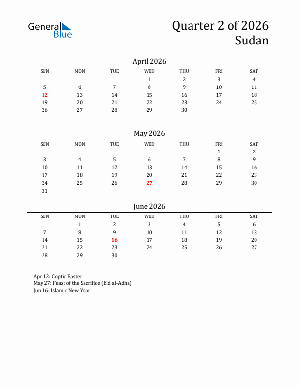 Quarter 2 2026 Sudan Quarterly Calendar