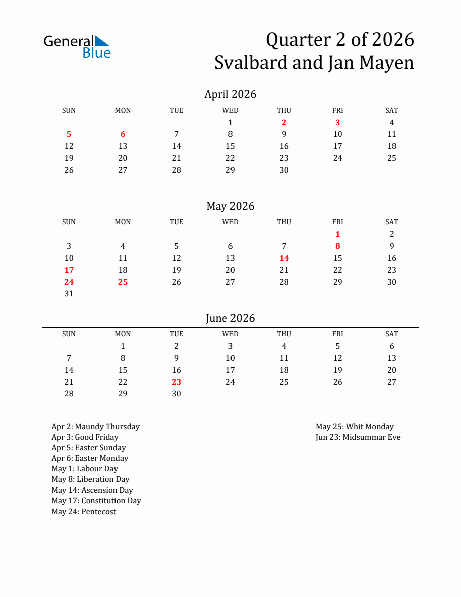 Quarter 2 2026 Svalbard and Jan Mayen Calendar