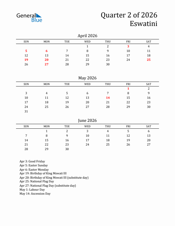 Quarter 2 2026 Eswatini Quarterly Calendar