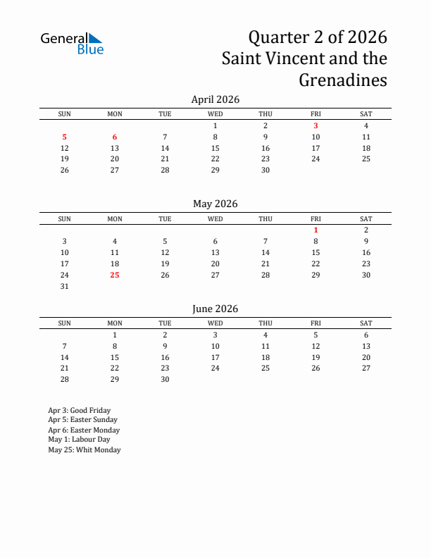 Quarter 2 2026 Saint Vincent and the Grenadines Quarterly Calendar