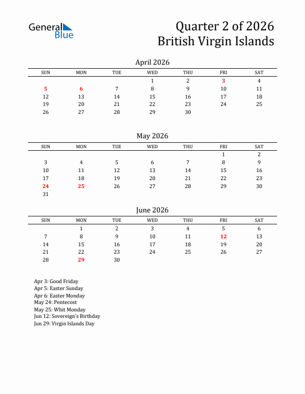 Quarter 2 2026 British Virgin Islands Quarterly Calendar