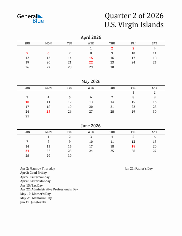 Quarter 2 2026 U.S. Virgin Islands Quarterly Calendar