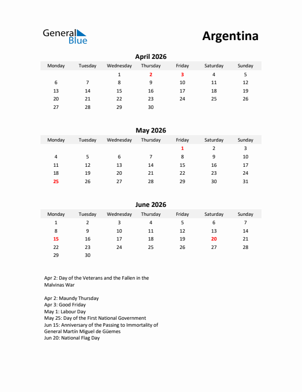 Printable Quarterly Calendar with Notes and Argentina Holidays- Q2 of 2026