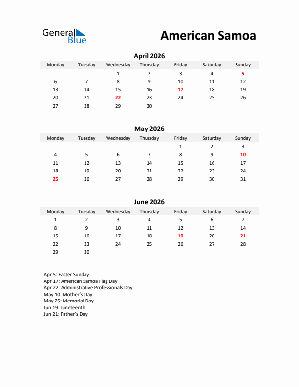 Printable Quarterly Calendar with Notes and American Samoa Holidays- Q2 of 2026