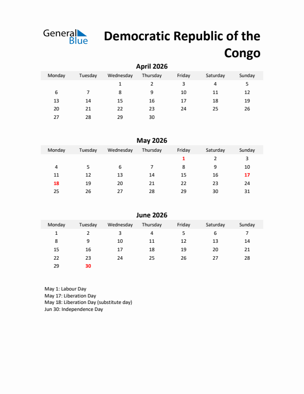 Printable Quarterly Calendar with Notes and Democratic Republic of the Congo Holidays- Q2 of 2026