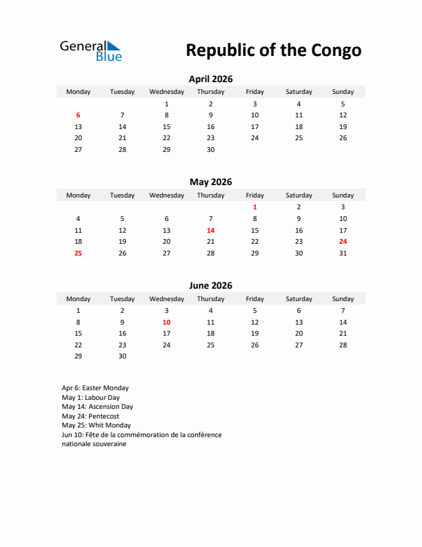 Printable Quarterly Calendar with Notes and Republic of the Congo Holidays- Q2 of 2026