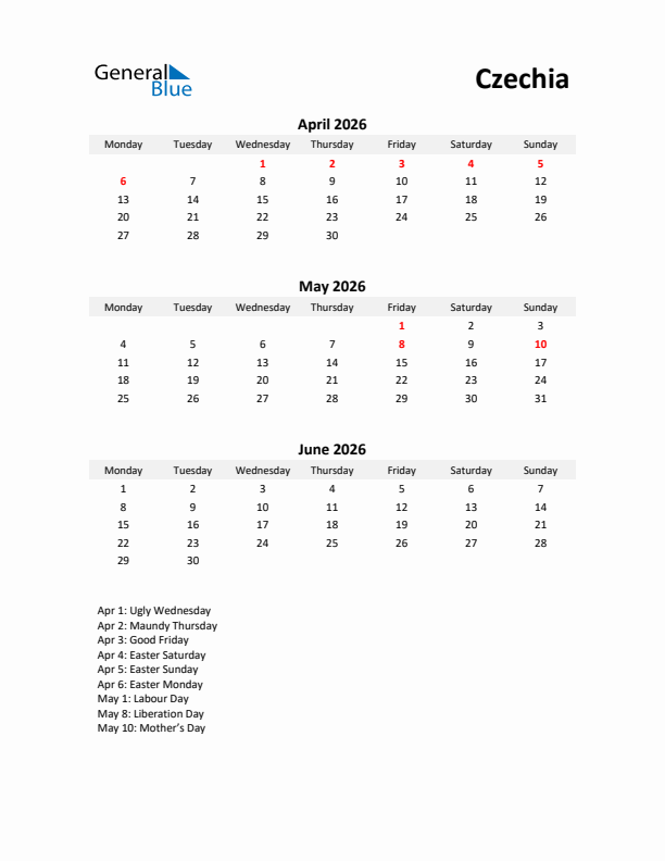 Printable Quarterly Calendar with Notes and Czechia Holidays- Q2 of 2026