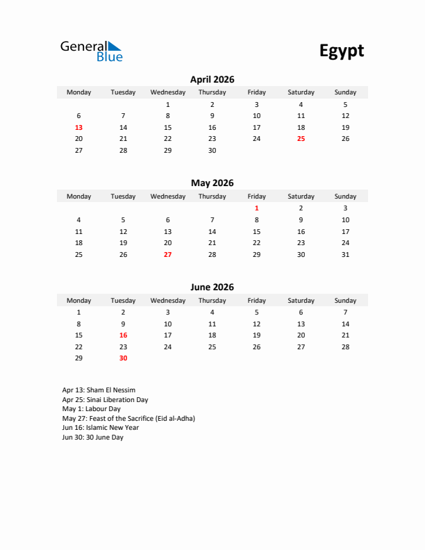 Printable Quarterly Calendar with Notes and Egypt Holidays- Q2 of 2026