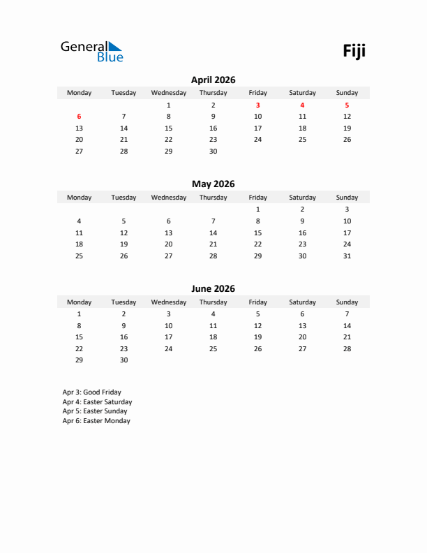 Printable Quarterly Calendar with Notes and Fiji Holidays- Q2 of 2026