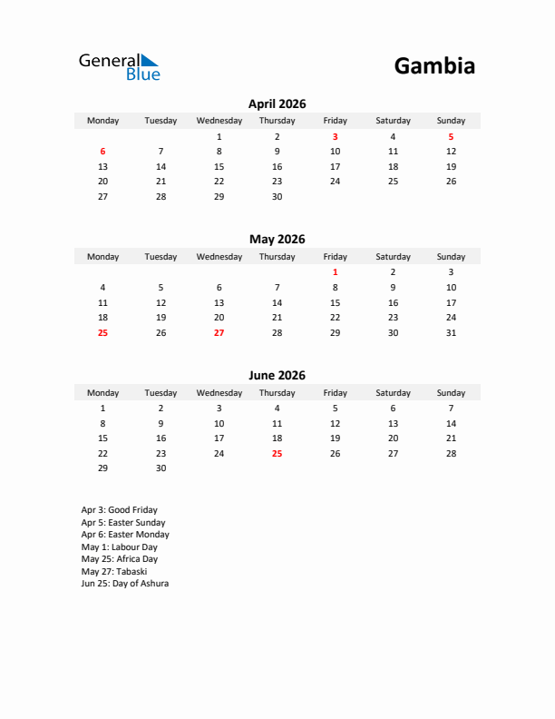 Printable Quarterly Calendar with Notes and Gambia Holidays- Q2 of 2026
