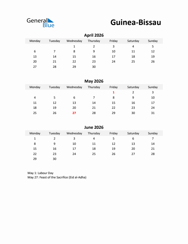 Printable Quarterly Calendar with Notes and Guinea-Bissau Holidays- Q2 of 2026