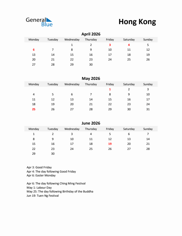 Printable Quarterly Calendar with Notes and Hong Kong Holidays- Q2 of 2026