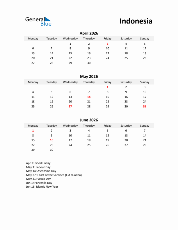 Printable Quarterly Calendar with Notes and Indonesia Holidays- Q2 of 2026