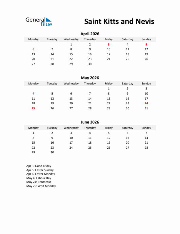 Printable Quarterly Calendar with Notes and Saint Kitts and Nevis Holidays- Q2 of 2026