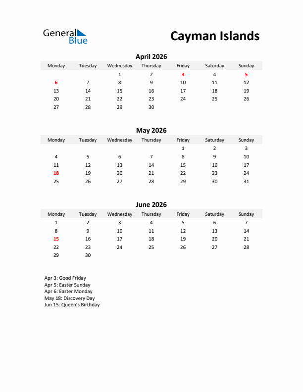 Printable Quarterly Calendar with Notes and Cayman Islands Holidays- Q2 of 2026