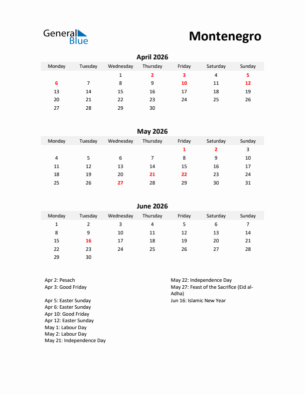 Printable Quarterly Calendar with Notes and Montenegro Holidays- Q2 of 2026