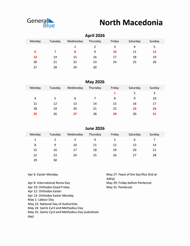 Printable Quarterly Calendar with Notes and North Macedonia Holidays- Q2 of 2026