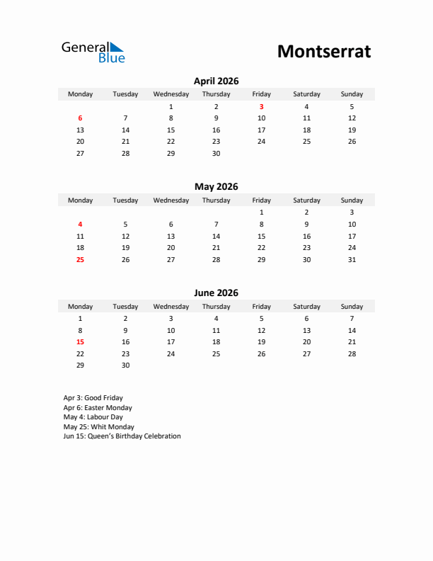 Printable Quarterly Calendar with Notes and Montserrat Holidays- Q2 of 2026