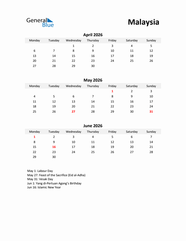 Printable Quarterly Calendar with Notes and Malaysia Holidays- Q2 of 2026