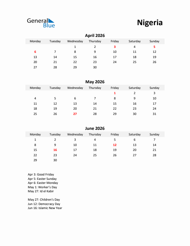 Printable Quarterly Calendar with Notes and Nigeria Holidays- Q2 of 2026