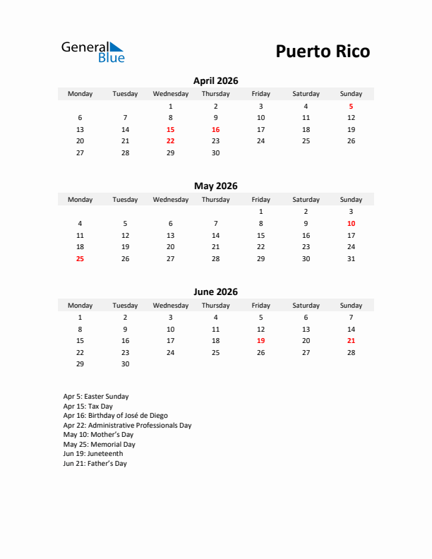 Printable Quarterly Calendar with Notes and Puerto Rico Holidays- Q2 of 2026