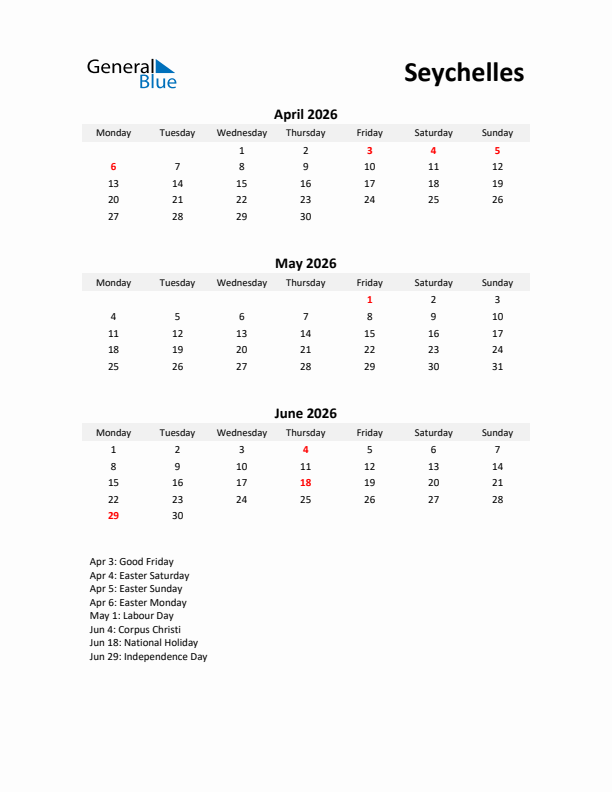Printable Quarterly Calendar with Notes and Seychelles Holidays- Q2 of 2026