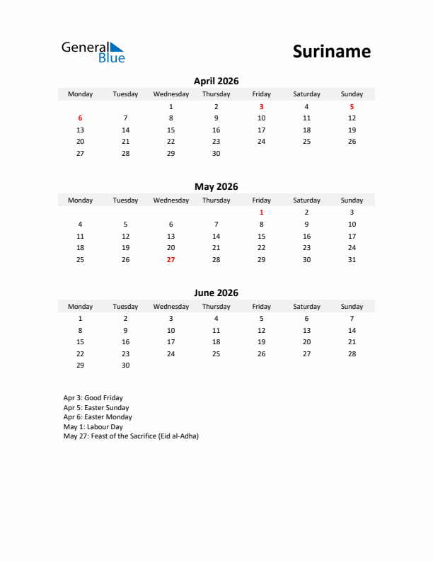 Printable Quarterly Calendar with Notes and Suriname Holidays- Q2 of 2026