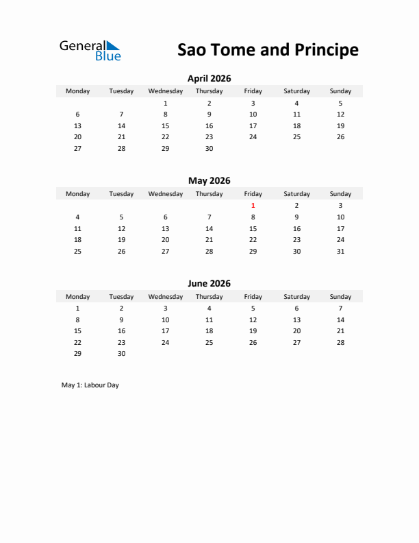 Printable Quarterly Calendar with Notes and Sao Tome and Principe Holidays- Q2 of 2026