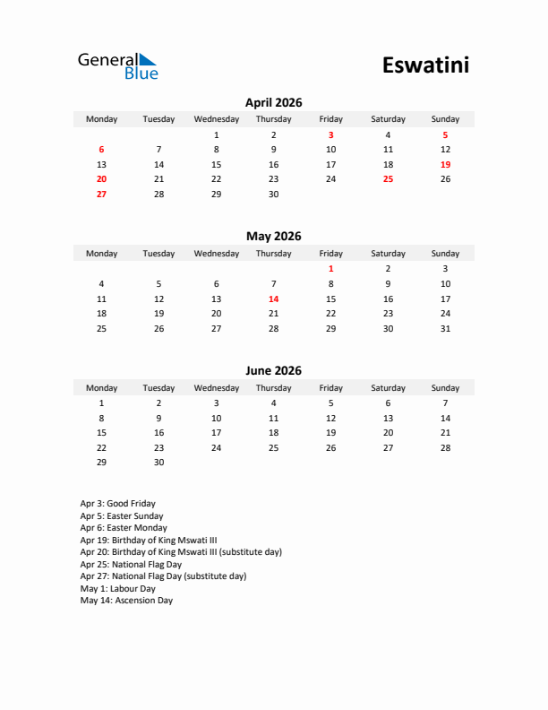 Printable Quarterly Calendar with Notes and Eswatini Holidays- Q2 of 2026
