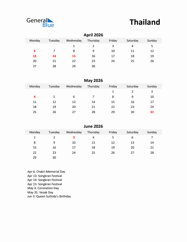 Printable Quarterly Calendar with Notes and Thailand Holidays- Q2 of 2026
