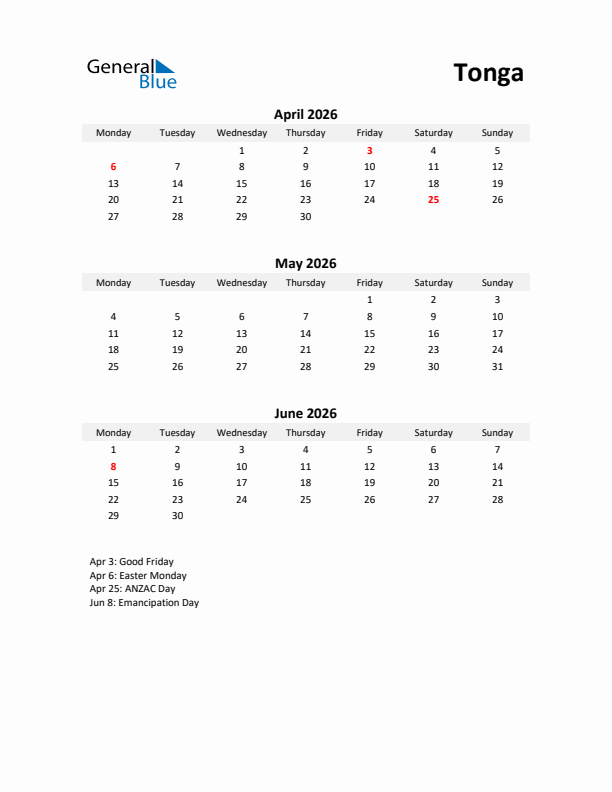Printable Quarterly Calendar with Notes and Tonga Holidays- Q2 of 2026