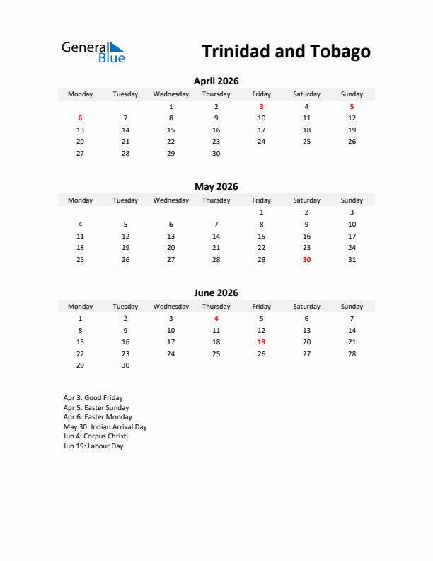 Printable Quarterly Calendar with Notes and Trinidad and Tobago Holidays- Q2 of 2026