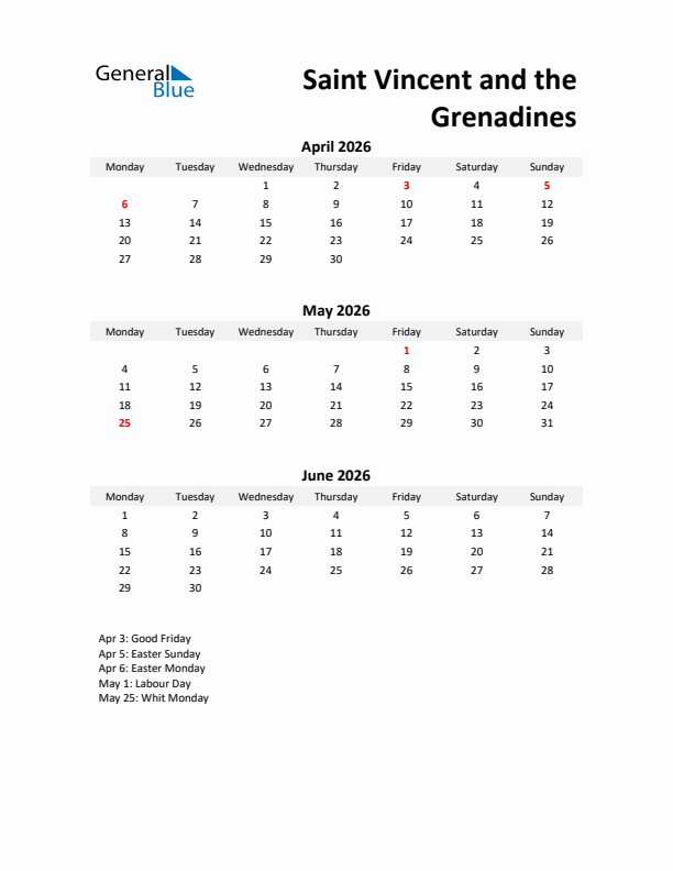 Printable Quarterly Calendar with Notes and Saint Vincent and the Grenadines Holidays- Q2 of 2026