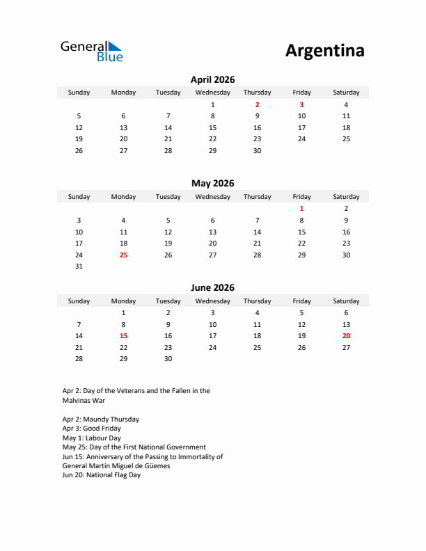 Printable Quarterly Calendar with Notes and Argentina Holidays- Q2 of 2026