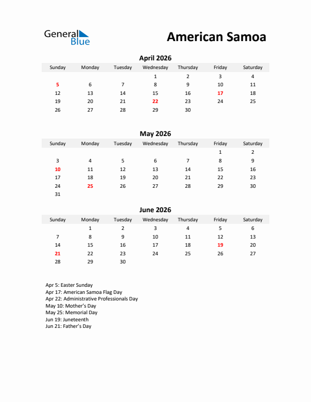 Printable Quarterly Calendar with Notes and American Samoa Holidays- Q2 of 2026